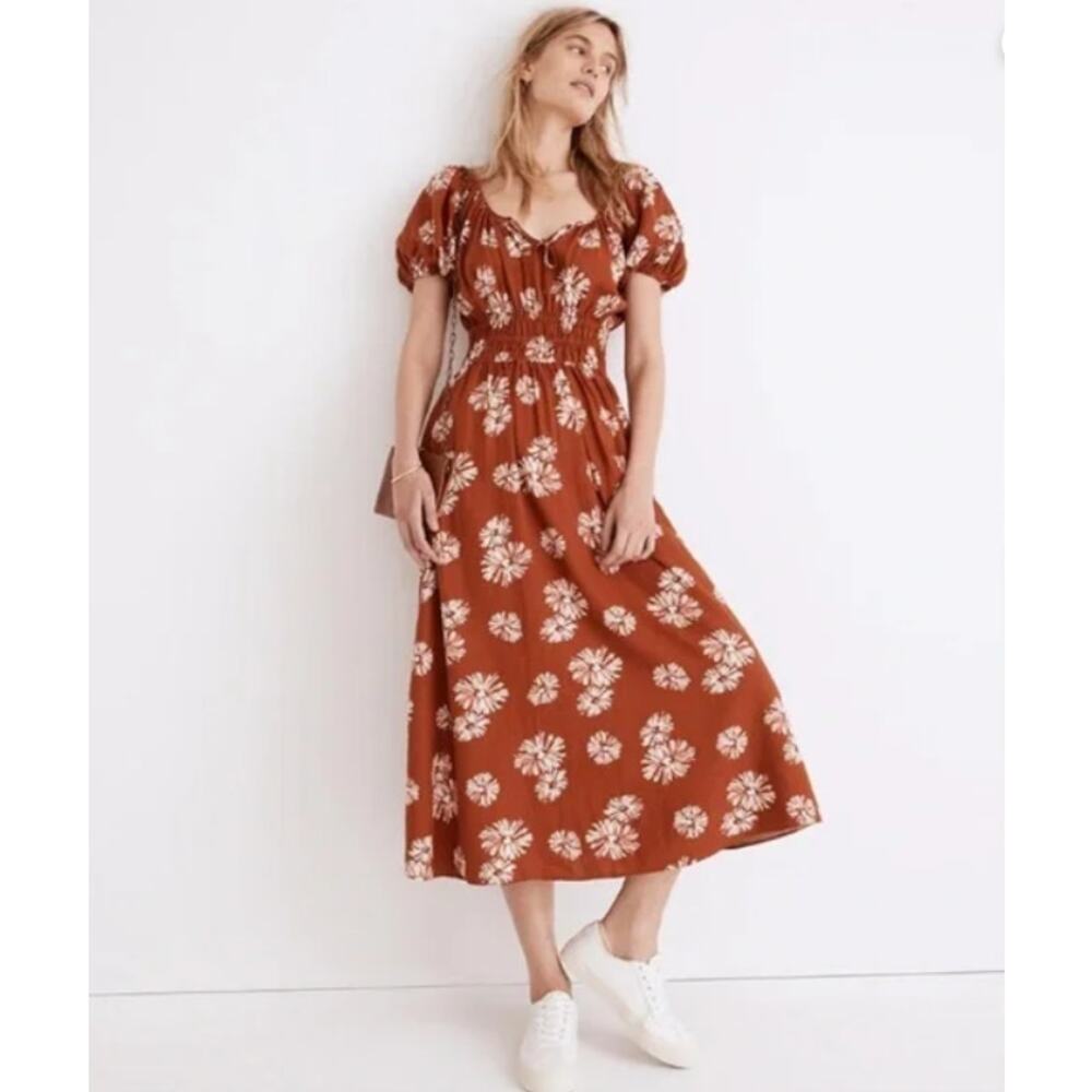Madewell Linen Blend Puff Sleeve Floral Midi Dress XS Rust Boho Smocked Waist